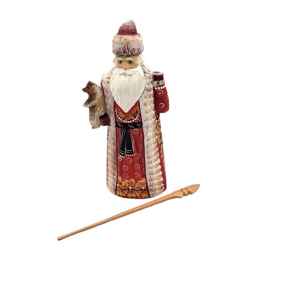 Wood Craved Russian Santa with Staff 7'' Signed Hand Craved Painted - Picture 3 of 10